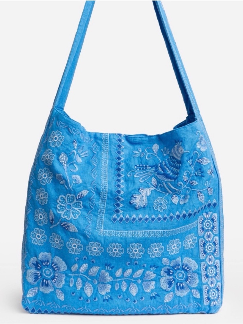 Johnny Was Blue Embroidered Shoulder Bag with Floral & Bird Motifs